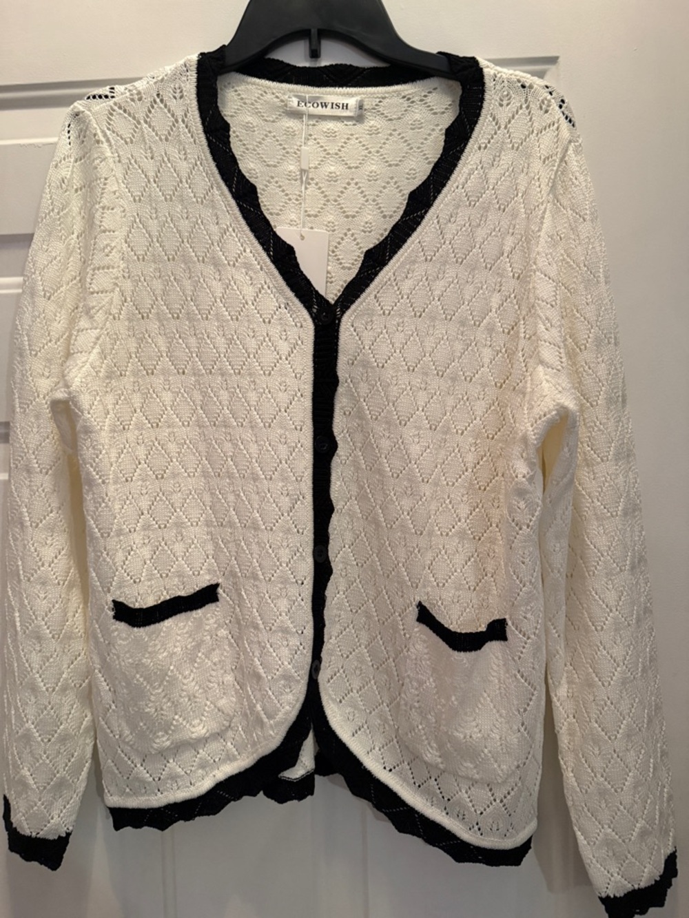 Wish White Open-Knit Cardigan with Black Trim